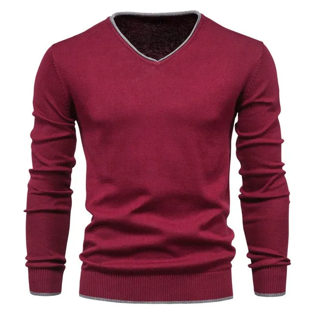 2021 New Cotton Pullover V-neck Men's Sweater Fashion Solid Color High Quality Winter Slim Sweaters Men Navy Knitwear