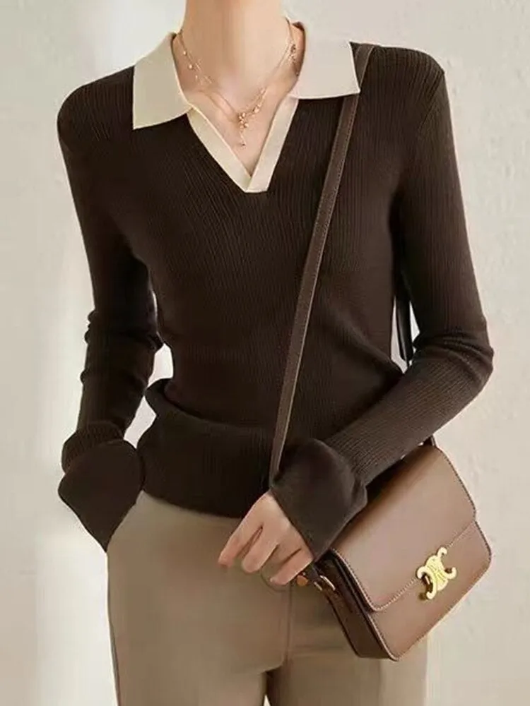 Autumn Woollen Sweater Women Korean Fashion Polo Collar Knitted Pullover Female Vintage Casual Long Sleeve Slim Bottom Knitwear