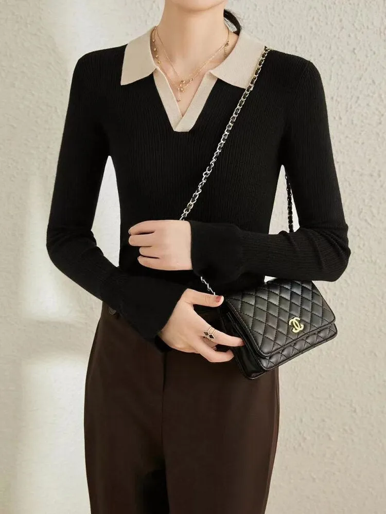 Autumn Woollen Sweater Women Korean Fashion Polo Collar Knitted Pullover Female Vintage Casual Long Sleeve Slim Bottom Knitwear