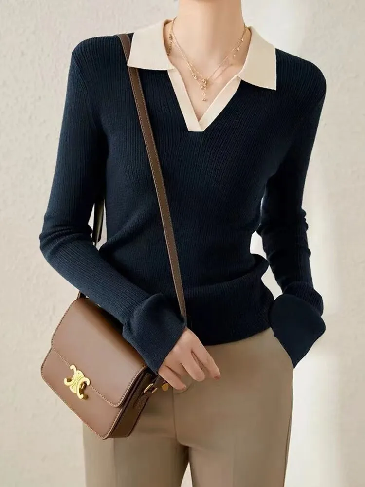 Autumn Woollen Sweater Women Korean Fashion Polo Collar Knitted Pullover Female Vintage Casual Long Sleeve Slim Bottom Knitwear