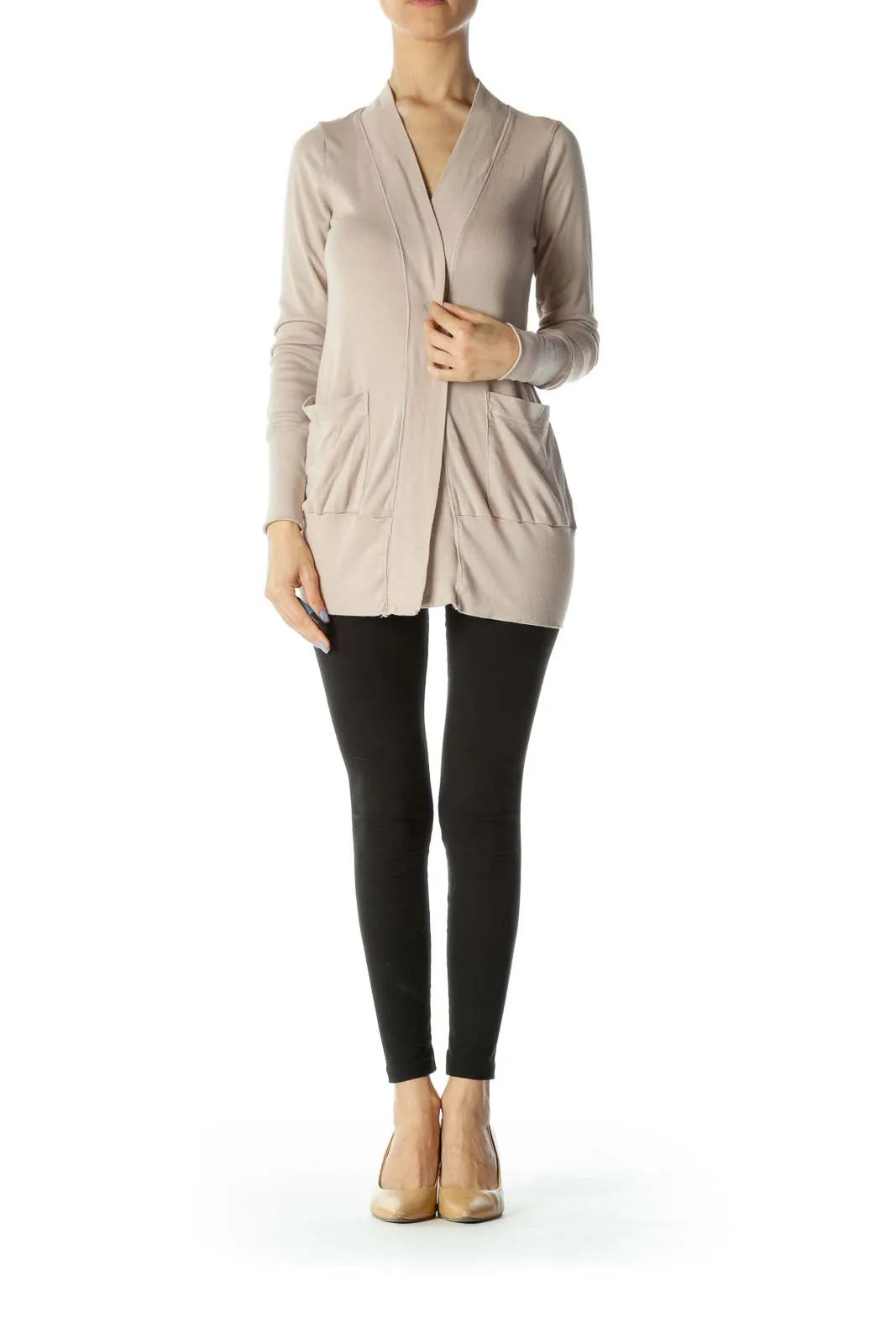 Beige Pocketed Long Sleeve Cardigan
