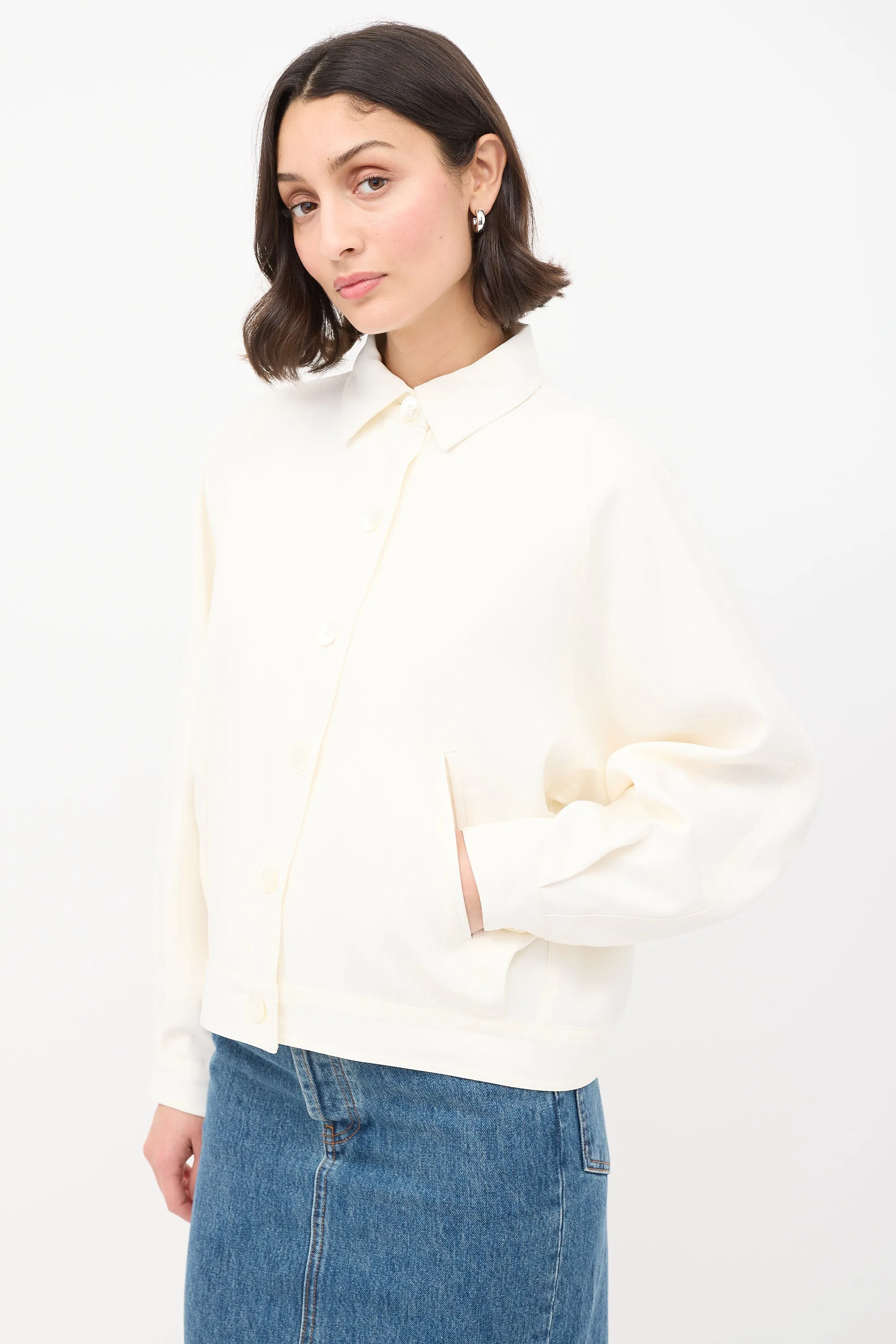 Cream Wool Two Pocket Button Up Jacket