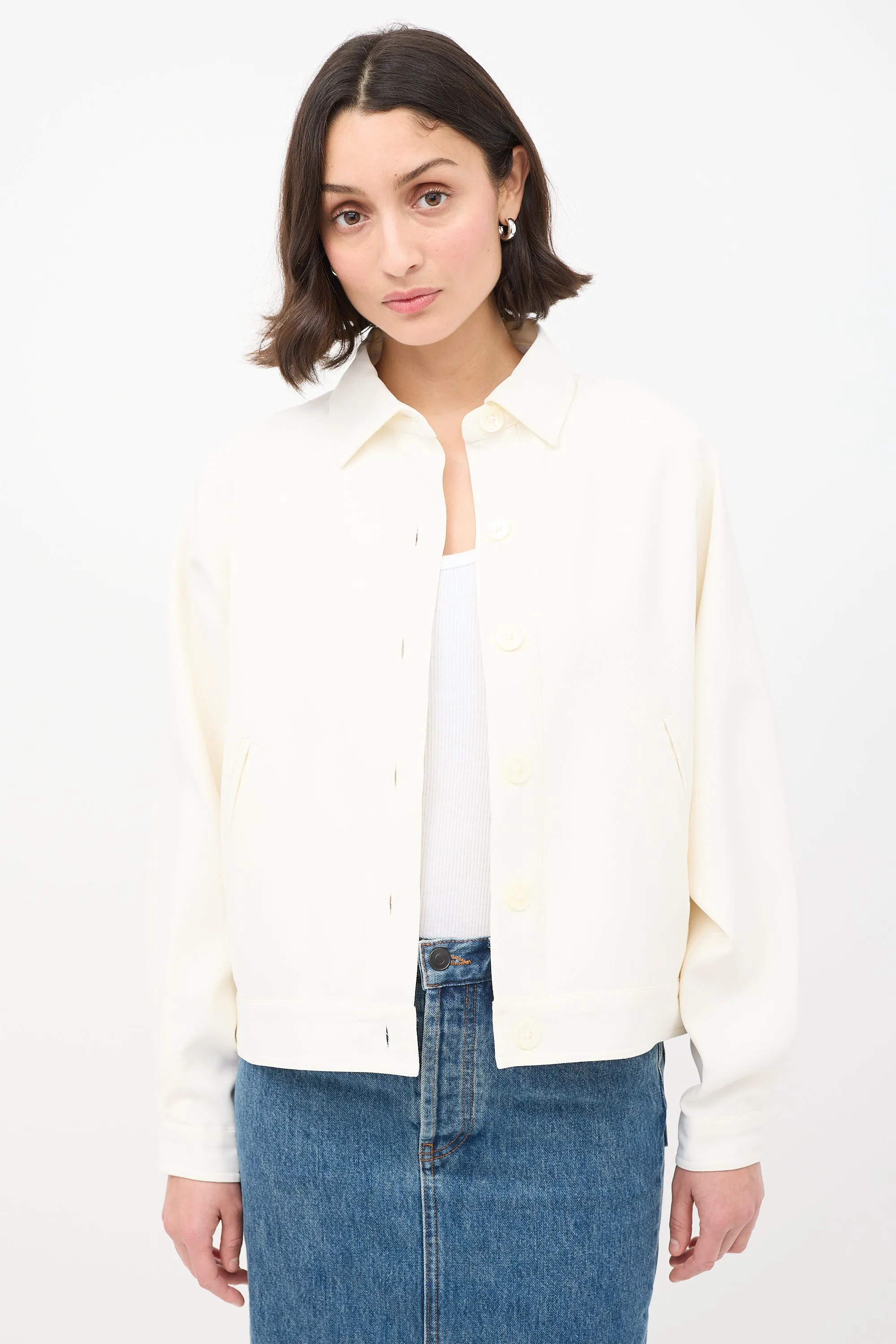 Cream Wool Two Pocket Button Up Jacket