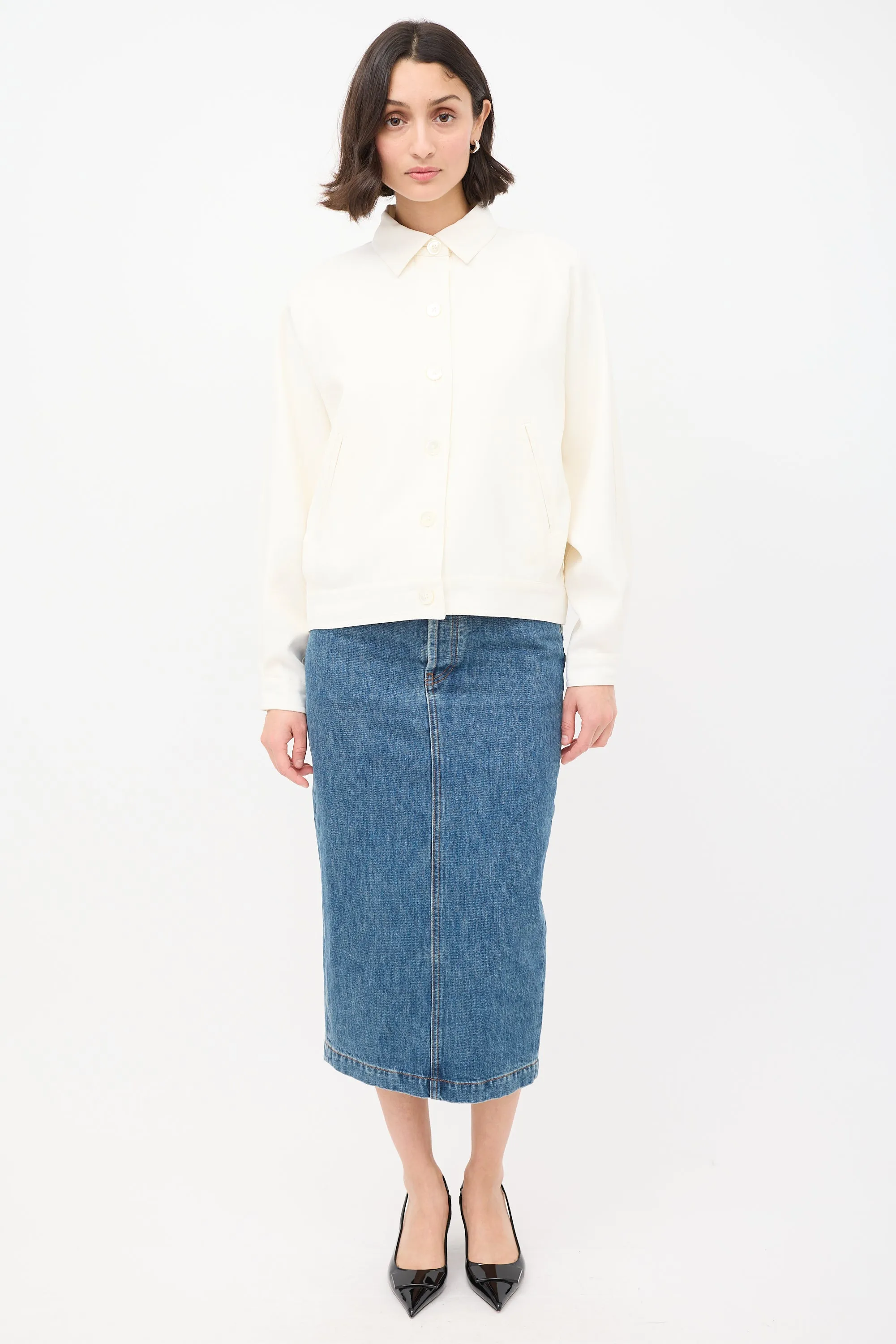 Cream Wool Two Pocket Button Up Jacket