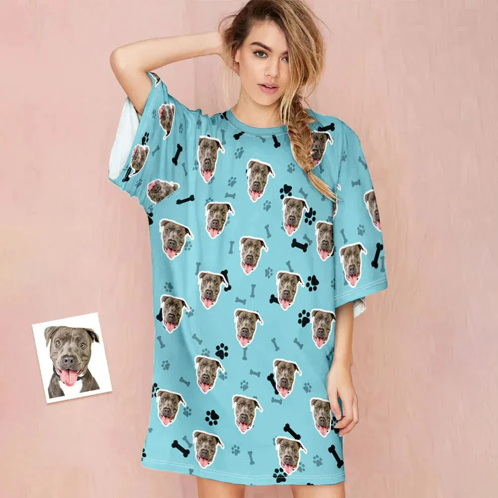 Custom Dog Face Women's Oversized Sleep Tee Nightdress Personalized Loose Nightshirt