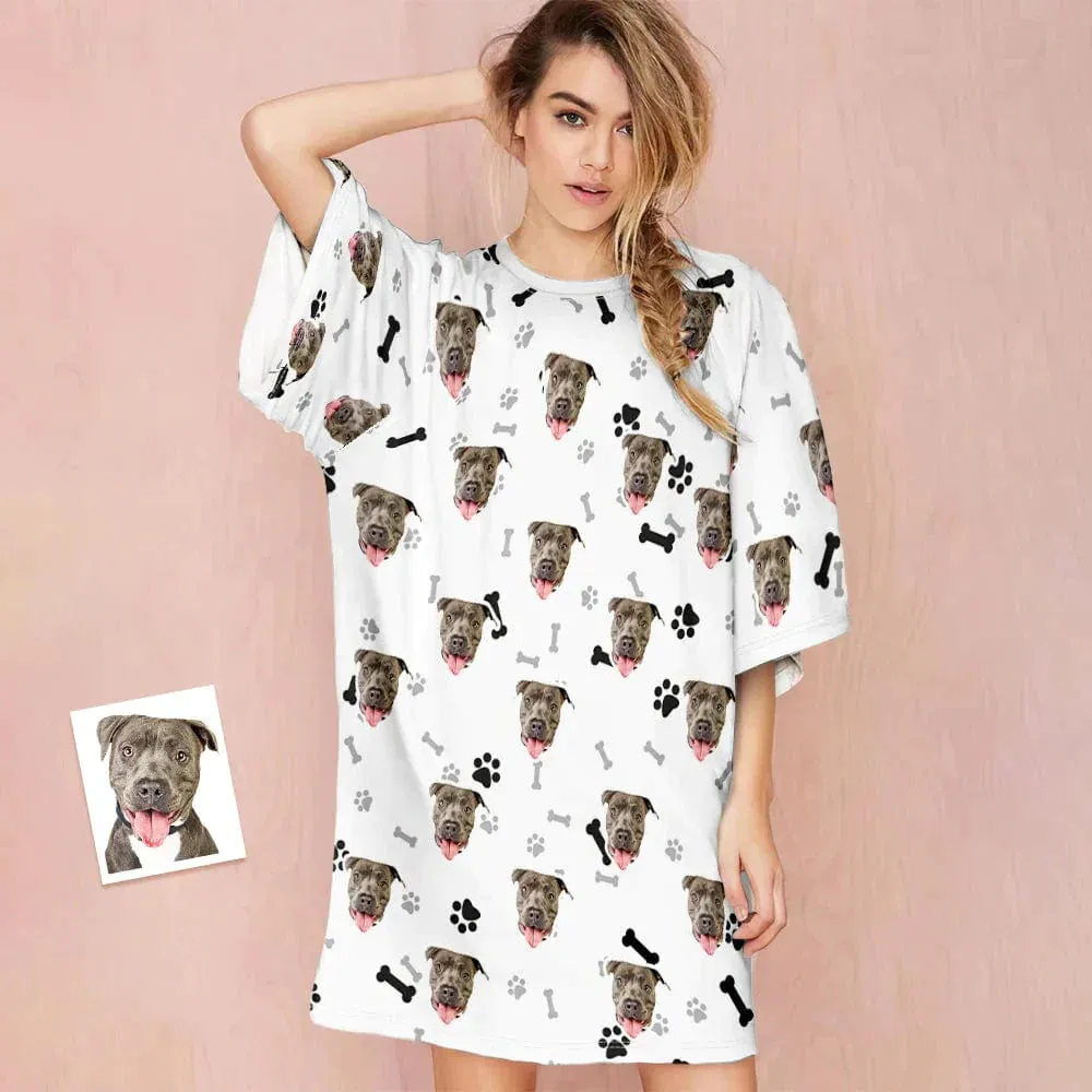 Custom Dog Face Women's Oversized Sleep Tee Nightdress Personalized Loose Nightshirt
