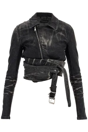 denim jacket with criss-cross belt 107JA002 D18 FADED BLACK
