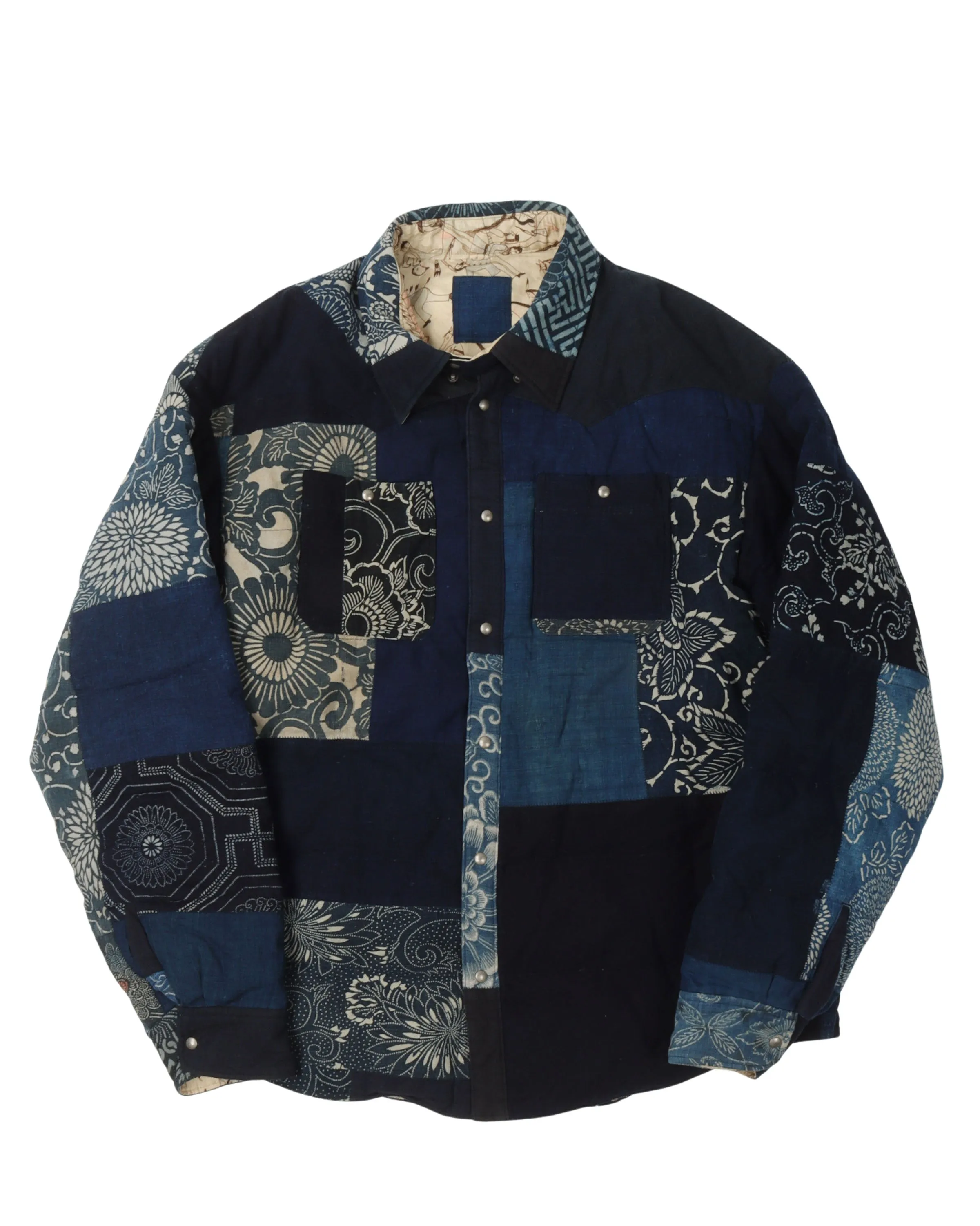 Indigo Kerchief Patchwork Down Jackets