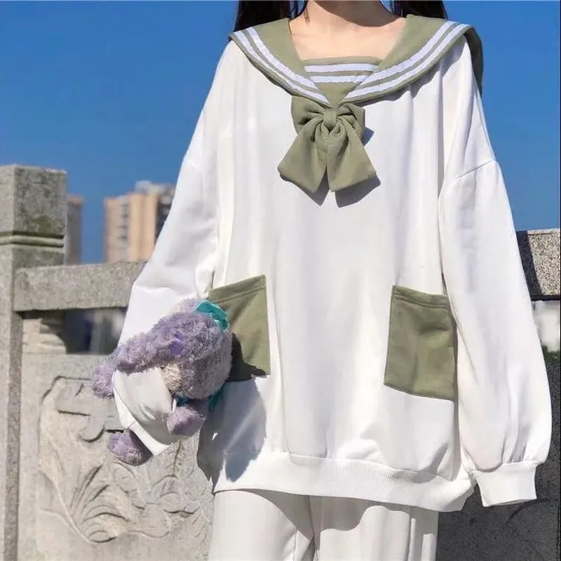 Joskaa Christmas Gift QWEEK Bunny Hoodie Women Kawaii Sailor Collar Sweatshirt with Lush Sleeves Korean 2024 Casual E Girl Bow Tracksuit Cute Tops New