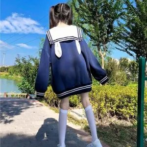 Joskaa Christmas Gift QWEEK Bunny Hoodie Women Kawaii Sailor Collar Sweatshirt with Lush Sleeves Korean 2024 Casual E Girl Bow Tracksuit Cute Tops New
