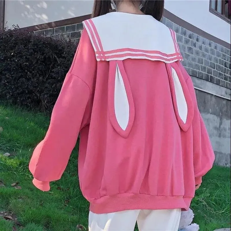 Joskaa Christmas Gift QWEEK Bunny Hoodie Women Kawaii Sailor Collar Sweatshirt with Lush Sleeves Korean 2024 Casual E Girl Bow Tracksuit Cute Tops New