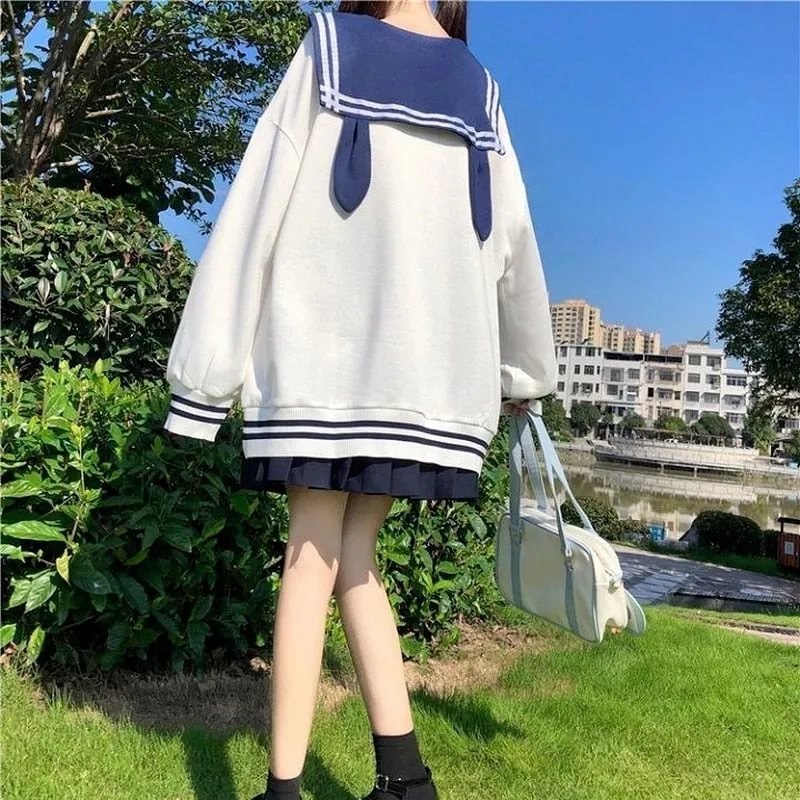 Joskaa Christmas Gift QWEEK Bunny Hoodie Women Kawaii Sailor Collar Sweatshirt with Lush Sleeves Korean 2024 Casual E Girl Bow Tracksuit Cute Tops New