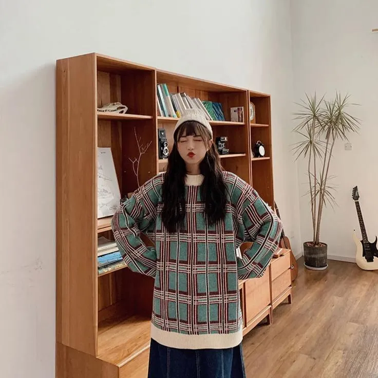 [Korean Style] Dara Oversized Plaid Patchwork Sweatshirts