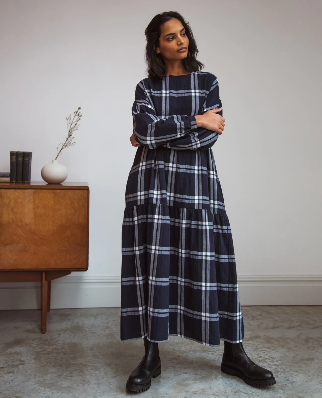 Mirabelle-Kay Organic Cotton Dress In Navy & White Check
