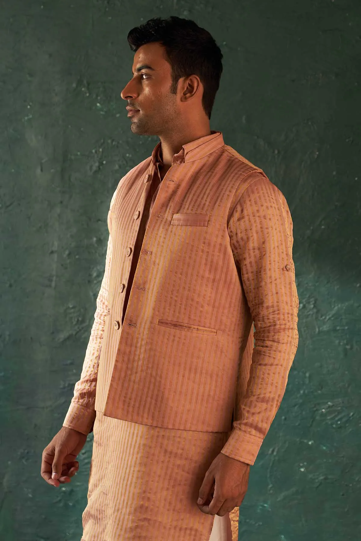 Pink Silk Tissue Nehru Jacket