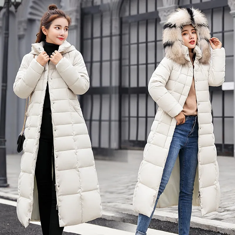 Quilted Hooded Goose Down Women's Bow Belt Fox Fur Collar Trenchcoat