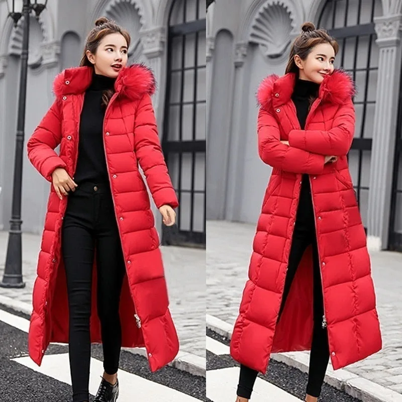 Quilted Hooded Goose Down Women's Bow Belt Fox Fur Collar Trenchcoat