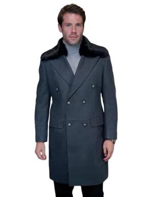 Statement Charcoal Men's Double Breasted Coat Peak Lapel Fur
