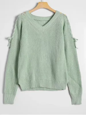 Trendy Side Slit Lace Up V Neck Sweater