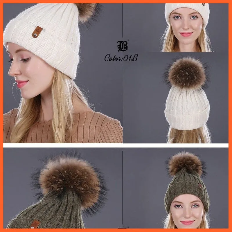 Warm Winter Hat Beanies Fur Wool Caps For Women | Pearl Knitted Hat Skullies Beanie Female Mink Caps