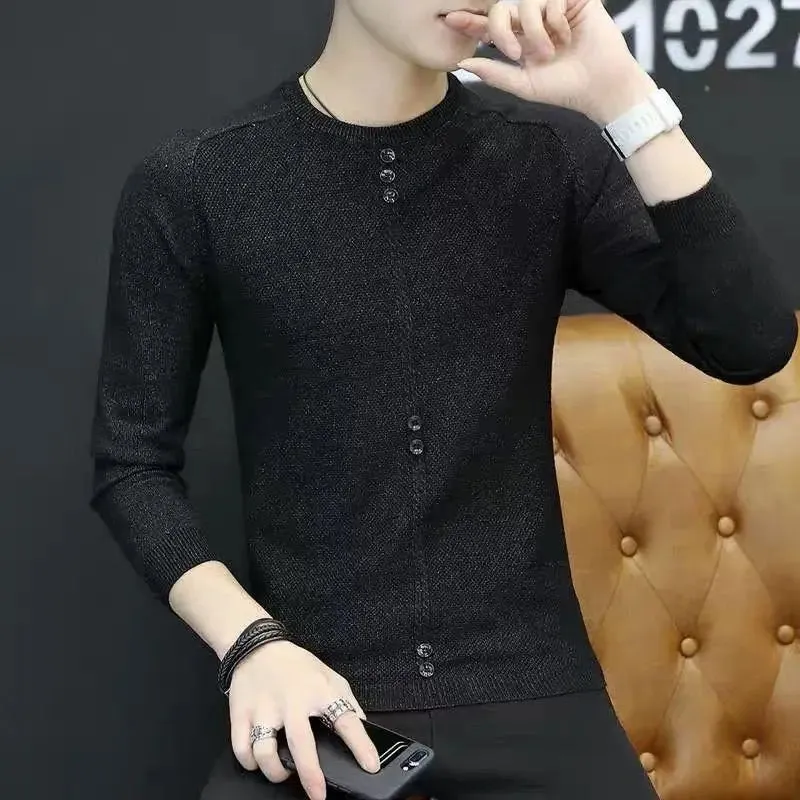 Wiaofellas  -  Fashion O-Neck Spliced All-match Button T-Shirt Men's Clothing Autumn New Casual Pullovers Tops Loose Korean Tee Shirt