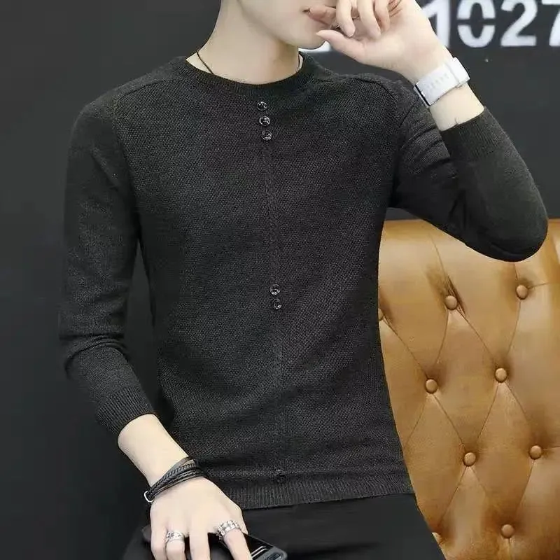 Wiaofellas  -  Fashion O-Neck Spliced All-match Button T-Shirt Men's Clothing Autumn New Casual Pullovers Tops Loose Korean Tee Shirt