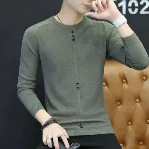 Wiaofellas  -  Fashion O-Neck Spliced All-match Button T-Shirt Men's Clothing Autumn New Casual Pullovers Tops Loose Korean Tee Shirt